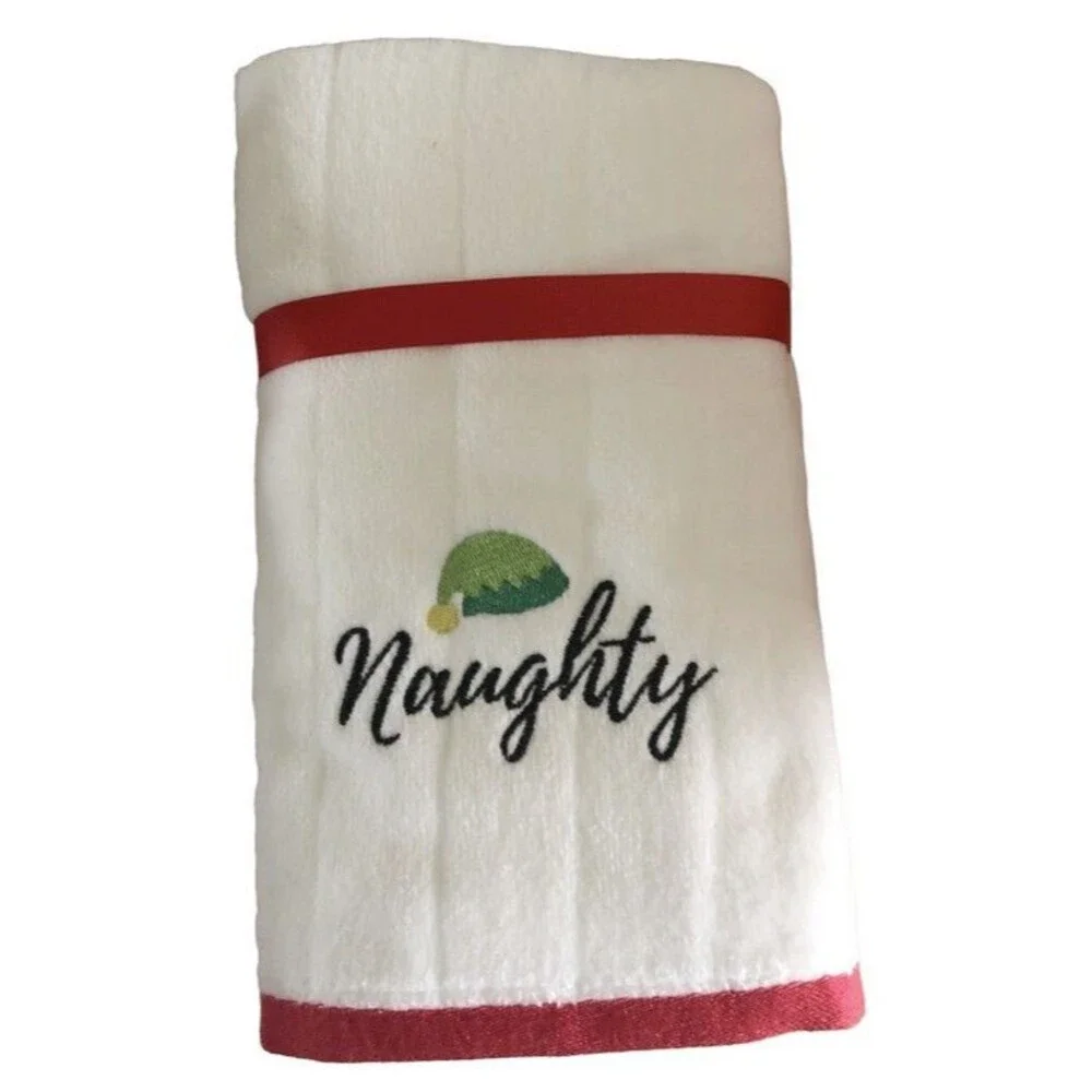 Christmas Naughty Nice Elf Hand Towels Set of 2 Bathroom Red White Holiday Bath